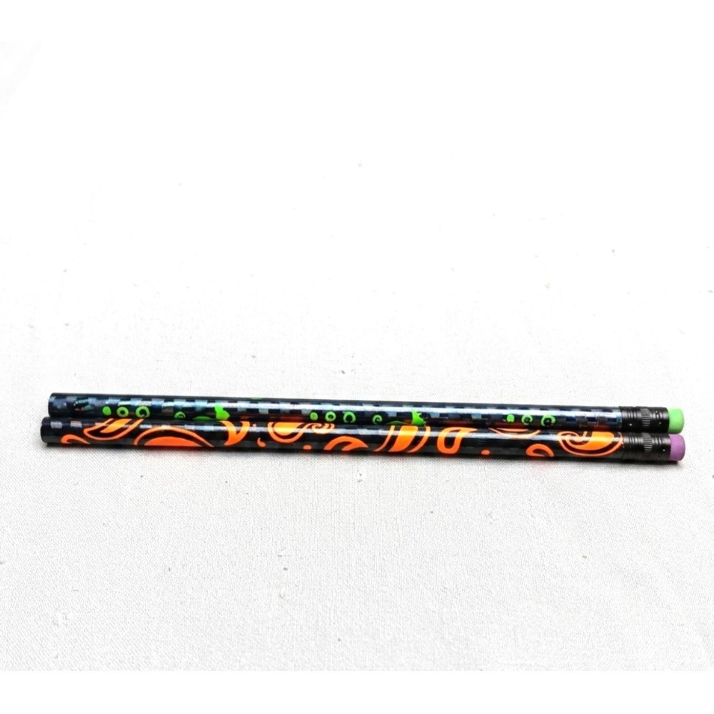 VTG 90s Holographic Neon Pencils Lot of 2 Blue Orange Green Seahorse Flame USA